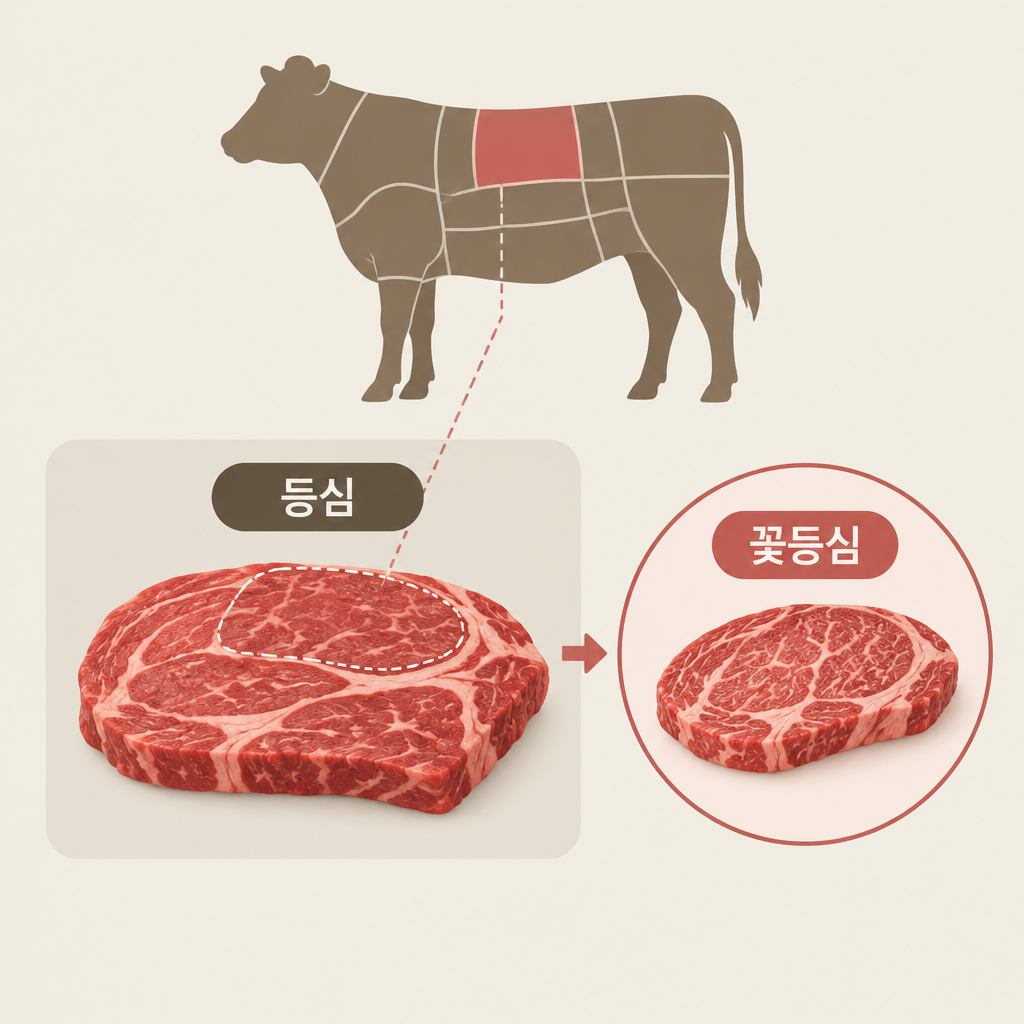 AI 생성 설명 이미지: 안산일동한우 유니드정육식당 | 등심과 꽃등심, 부위명과 품질 표현 구분하기